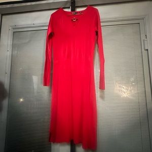 Red Ribbed Midi Flare Dress